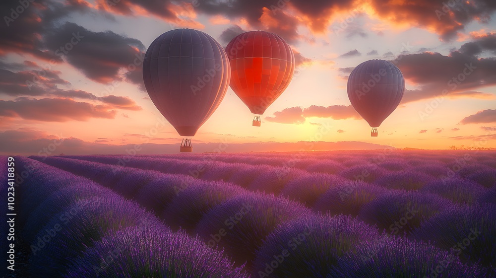 Hot air balloons soaring over a vibrant lavender field at sunset. Hot air balloons soaring over a vibrant lavender field at sunset.