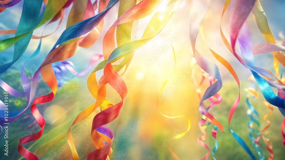 Fototapeta premium Colorful birthday streamers hanging with sunlight, festive and joyful atmosphere