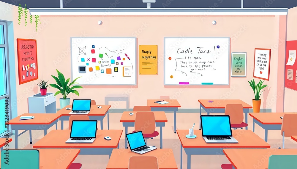 Fototapeta premium Vibrant Classroom Scene with Students Engaged in Laptop Learning