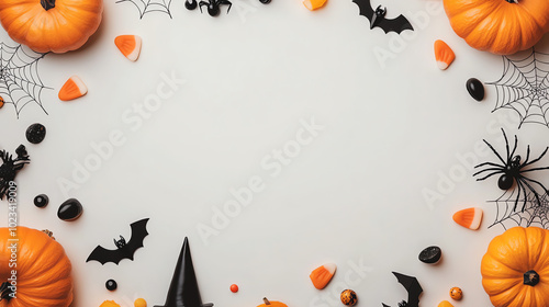 Wallpaper Mural A vibrant Halloween-themed composition featuring pumpkins, candy corn, spiders, and bats arranged artistically on a white background, perfect for seasonal celebrations. Torontodigital.ca