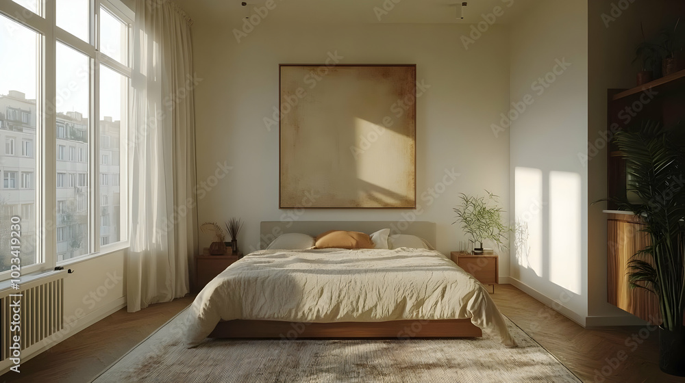 Modern Bedroom Interior Design with Sunlight Streaming Through Window - 3D Illustration Modern Bedroom Interior Design with Sunlight Streaming Through Window - 3D Illustration