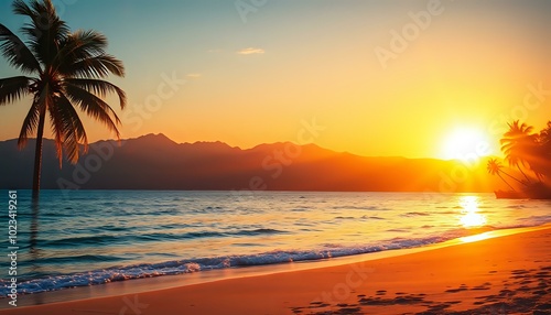 Serene Sunset Beach at Dusk with Palm Trees, Tropical Ambiance, Ocean Waves