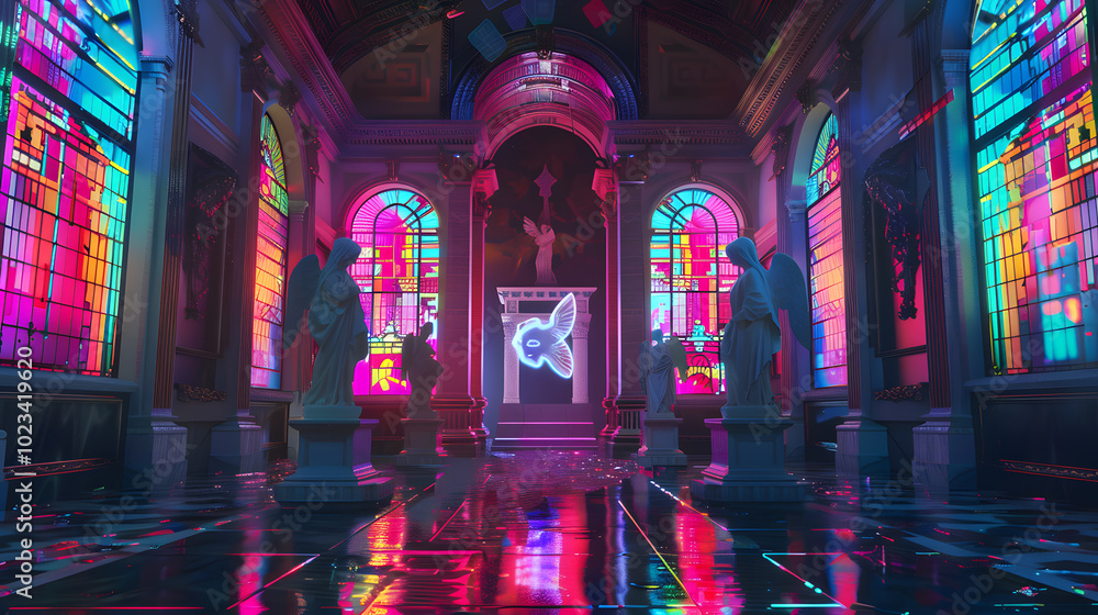 Quantum baroque ballroom, marble dancers frozen in neon motion, holographic baroque patterns on floor, synthwave chandelier reflections, digital harpsichord visualizations, glitching classical music s Quantum baroque ballroom, marble dancers frozen in neon motion, holographic baroque patterns on floor, synthwave chandelier reflections, digital harpsichord visualizations, glitching classical music s