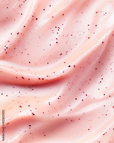 A close-up of pink exfoliating cream with small red beads, showcasing a smooth and creamy texture ideal for gentle skin exfoliation. photo