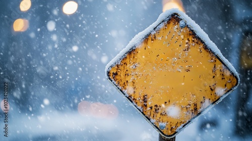 Snow Covered Road Sign in Winter City, Frosty Urban Scene, Generated AI