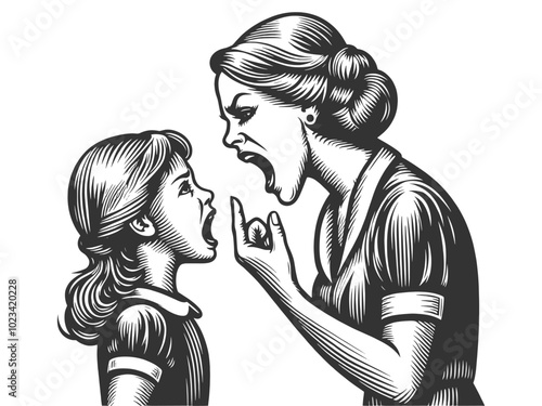 angry mother scolding her sad daughter, capturing emotion and tension in a vintage style sketch engraving generative ai vector illustration. Scratch board imitation. Black and white image.