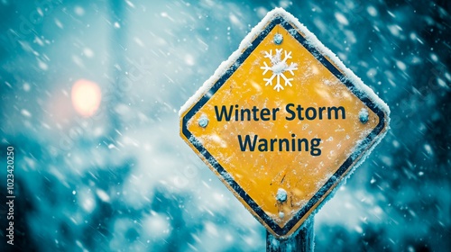 Winter Storm Warning Sign in Snowy Weather, Hazard Alert, Extreme Winter Conditions, Snowstorm Safety, Road Weather Warning, Generated AI