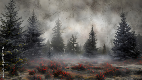 Quantum cedar sanctuary, biblical code through ancient wood, crimson bioluminescent groundcover quantum calculations, probability-state owls, mountain morning fog, photorealistic needle clusters, digi