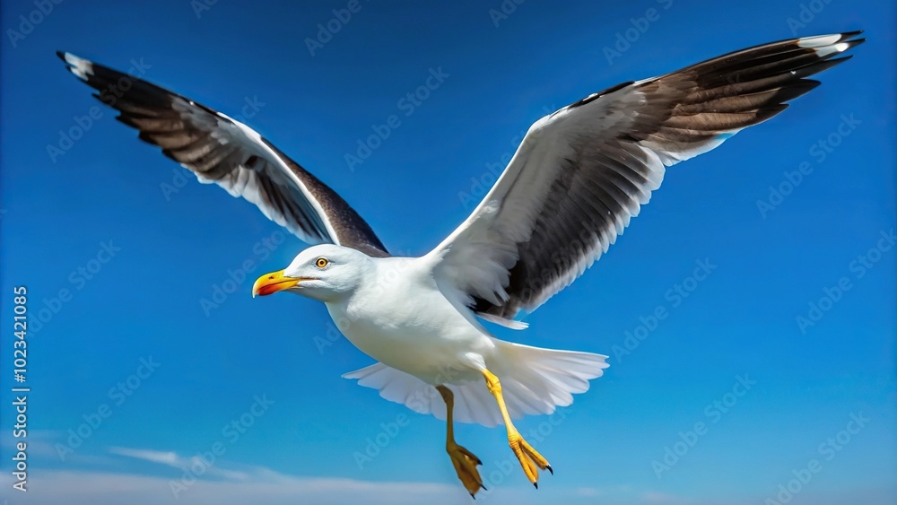 Gull hovering in the sky with a wide angle perspective Gull hovering in the sky with a wide angle perspective