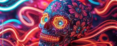 Colorful skull design with floral patterns, illuminated by vibrant lights, perfect for Day of the Dead celebrations or artistic themes.