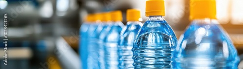 A row of blue plastic water bottles with yellow caps on a production line, showcasing hydration products ready for distribution. photo