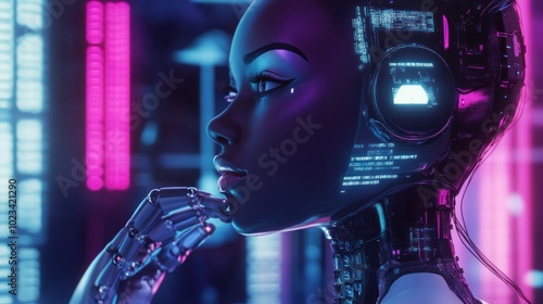 Robot with humanlike features in neon cyber environment