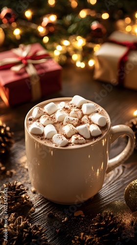 A cup of hot chocolate with marshmallows, surrounded by Christmas decorations