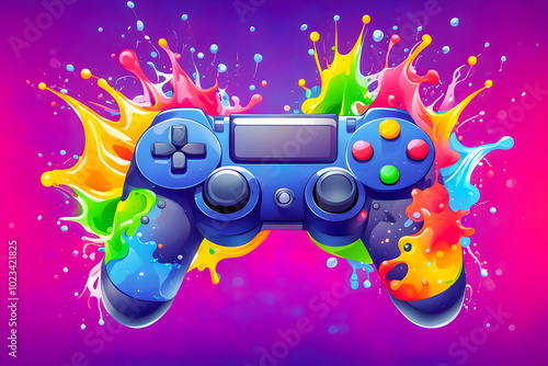 illustration of game controller and liquid splashing on the abstract background.	