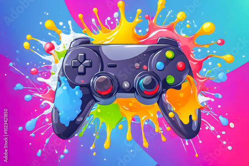 illustration of game controller and liquid splashing on the abstract background.	