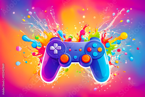 illustration of game controller and liquid splashing on the abstract background.	