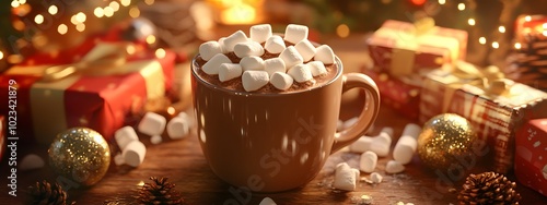 A cup of hot chocolate with marshmallows, surrounded by Christmas decorations