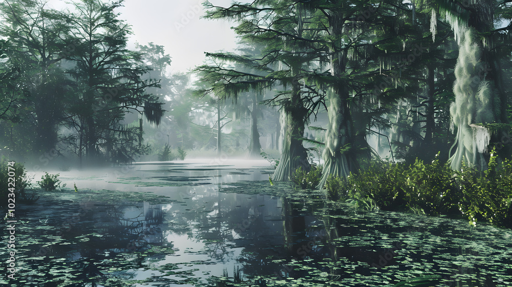 Quantum cypress swamp, code reflecting in dark waters, jade bioluminescent spanish moss quantum networks, probability-state alligators, morning bayou mist, photorealistic water patterns, digital humid Quantum cypress swamp, code reflecting in dark waters, jade bioluminescent spanish moss quantum networks, probability-state alligators, morning bayou mist, photorealistic water patterns, digital humid