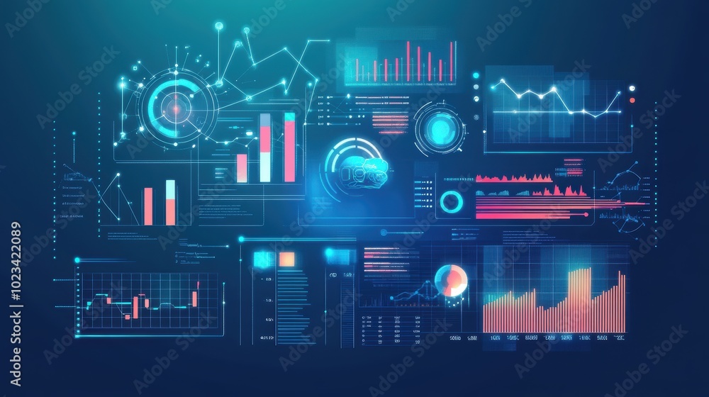 AI, Big Data, and business analytics icons represent the integration of advanced technology in analyzing graphs, business data, and market trends, driving strategic decisions and innovative solutions AI, Big Data, and business analytics icons represent the integration of advanced technology in analyzing graphs, business data, and market trends, driving strategic decisions and innovative solutions