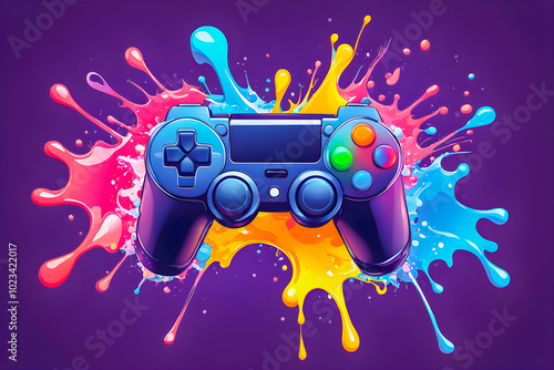 illustration of game controller and liquid splashing on the abstract background.	