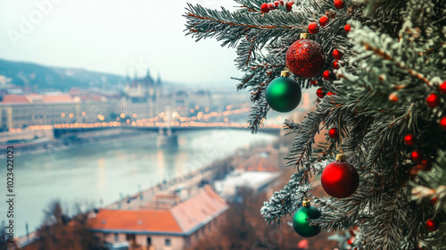 Christmas tree with green and red ornaments on the background of Budapest panorama