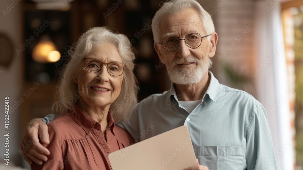 An elderly couple smiles joyfully holding a piece of paper An elderly couple smiles joyfully holding a piece of paper