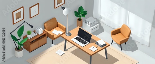 Inviting Home Office Living Room Scene with Plants, Laptops, and Coffee Table