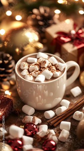 A cup of hot chocolate with marshmallows, surrounded by Christmas decorations