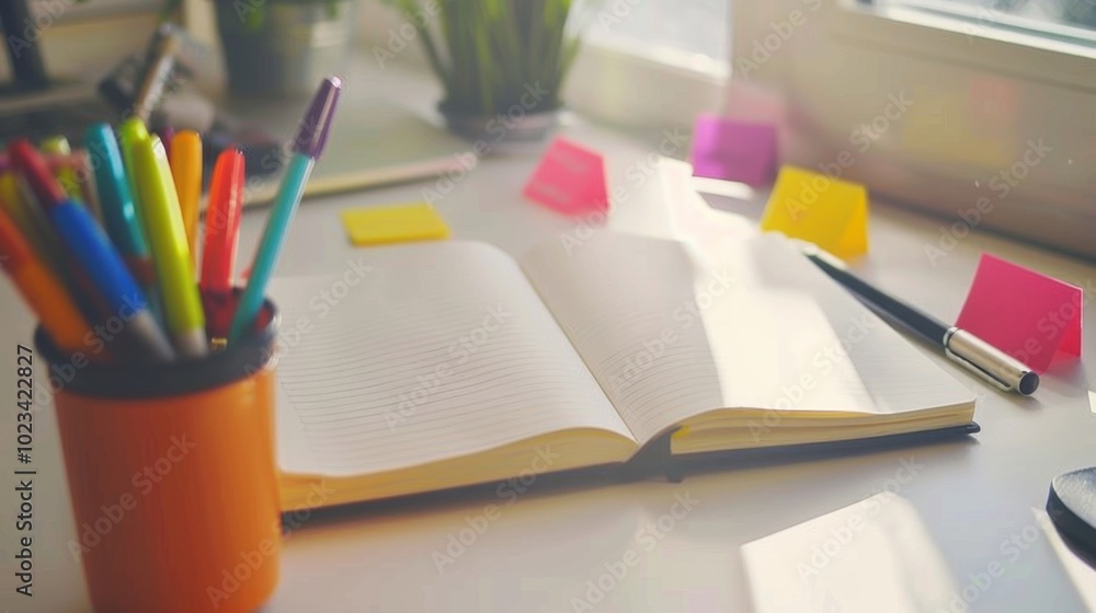 Colorful Desk Setup with Notepad and Stationery Supplies Colorful Desk Setup with Notepad and Stationery Supplies
