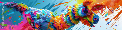 An abstract representation of a Mexican piñata, its bright colors and intricate design symbolizing the festivity and happiness of a traditional party.