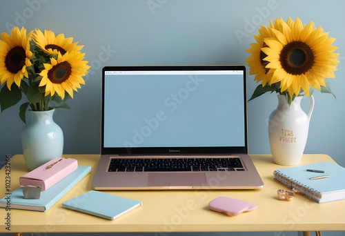 a laptop sits on a desk with sunflowers in front of it