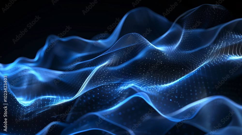 Obraz premium Abstract Digital Black Background with Blue Wavy Lines Representing Sound Waves. This captivating image features dynamic blue wavy lines against a stark black backdrop, symbolizing technology. 
