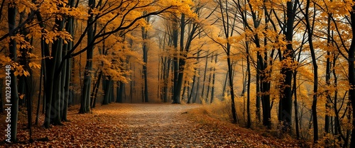 Autumn Forest Path in Fall Foliage, Peaceful Nature Scene (21:9)
