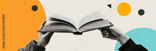 A male hand using a tablet, searching the Internet for information. Replacing paper books with a tablet. A contemporary art collage. An idea of online education, Internet help, and emerging