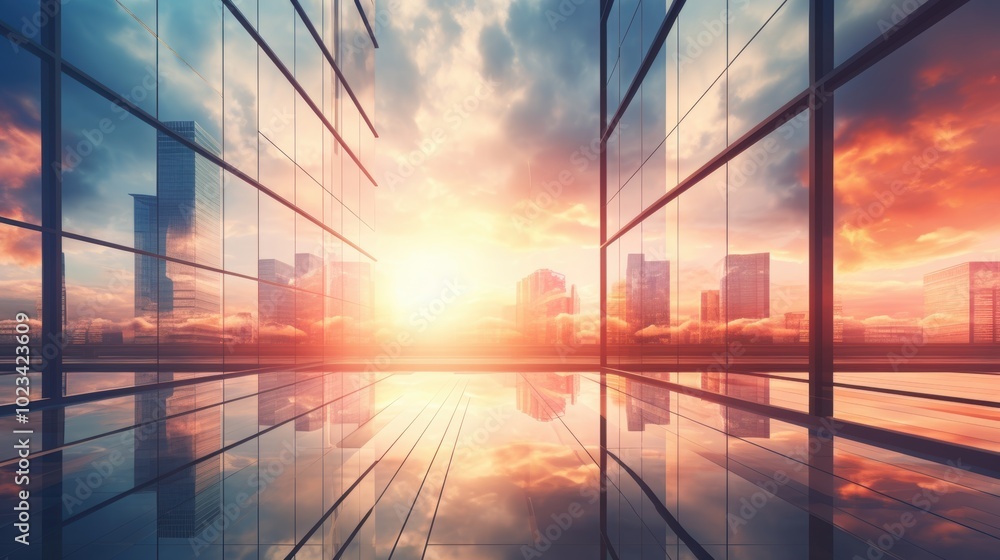 Fototapeta premium Modern office building or business center. High-rise window buildings made of glass reflect the clouds and the sunlight. empty street outside wall modernity civilization. growing up business