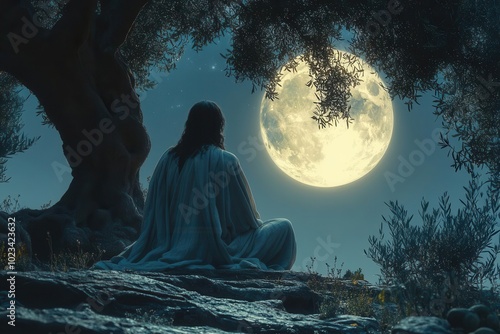 jesus in the garden of gethsemane kneeling in prayer under the moonlight olive trees provide a serene backdrop capturing the deep emotion and solitude of the moment