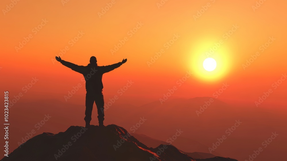 Silhouette of business male stand and feel happy on the most hight at the mountain on sunset, success, leader, teamwork, target, Aim, confident, achievement, goal, on plan, finish, generate by AI Silhouette of business male stand and feel happy on the most hight at the mountain on sunset, success, leader, teamwork, target, Aim, confident, achievement, goal, on plan, finish, generate by AI
