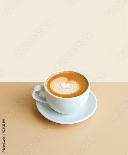 Latte Art Heart in White Ceramic Cup on Beige Background