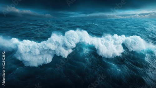 Fototapeta Naklejka Na Ścianę i Meble -  A turbulent sea with towering waves crashing against a crumbling shoreline