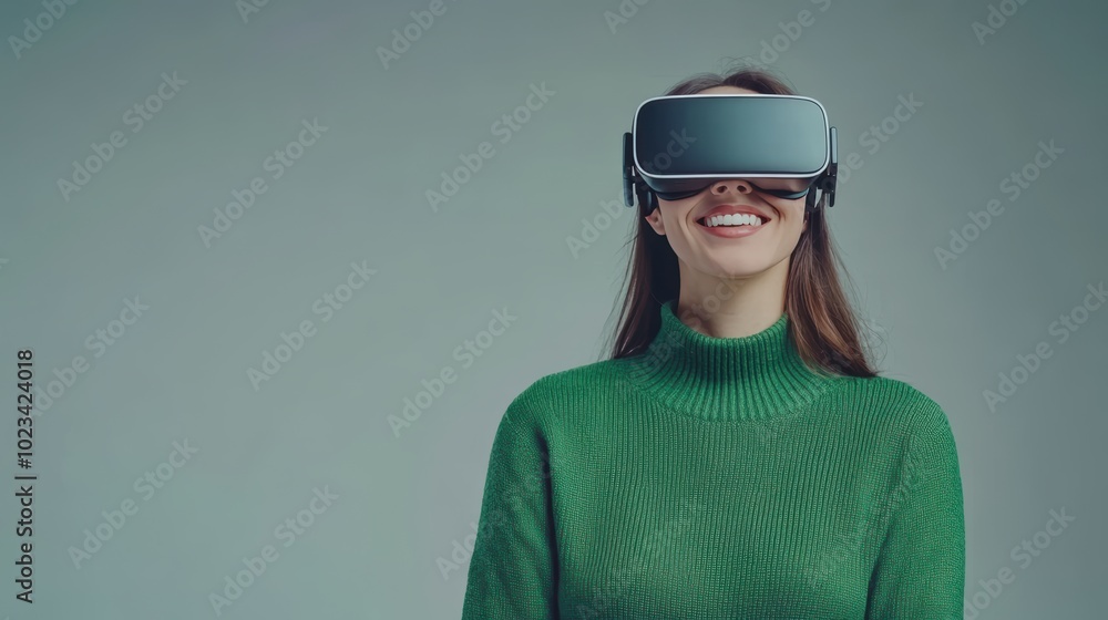 Smiling businesswoman in green sweater is wearing vr helmet. Digital interface in 3d glasses. Concept of future technology, interaction and entertainment playing game in virtual reality