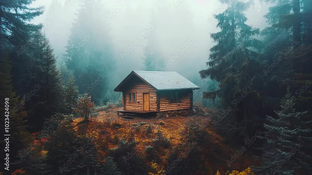 Misty Forest Log Cabin in Autumn: Tranquil Aerial Drone Footage Misty Forest Log Cabin in Autumn: Tranquil Aerial Drone Footage