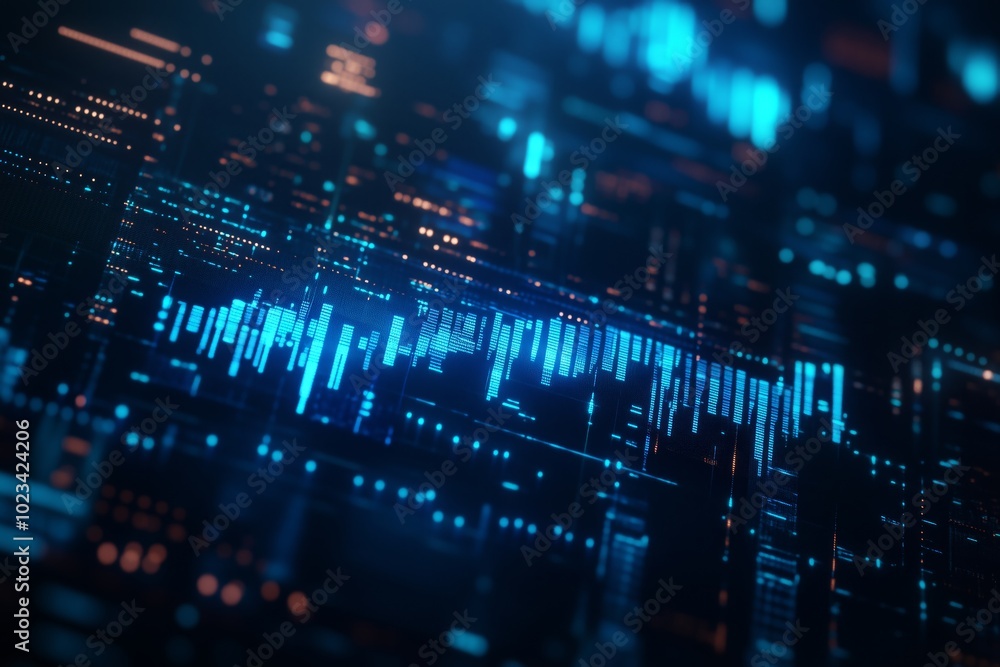 Blurry blue digital financial charts on a dark background illustrating a futuristic fintech stock market concept Blurry blue digital financial charts on a dark background illustrating a futuristic fintech stock market concept