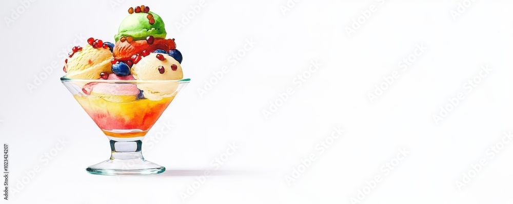 Naklejka premium Ice cream sundae, scoops with toppings, glass bowl, watercolor style