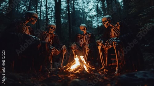 Skeletons gather around a flickering campfire in a spooky Halloween forest. Flames light up their tattered cloaks, creating a haunting ambiance. Perfect for Halloween and spooky-themed projects