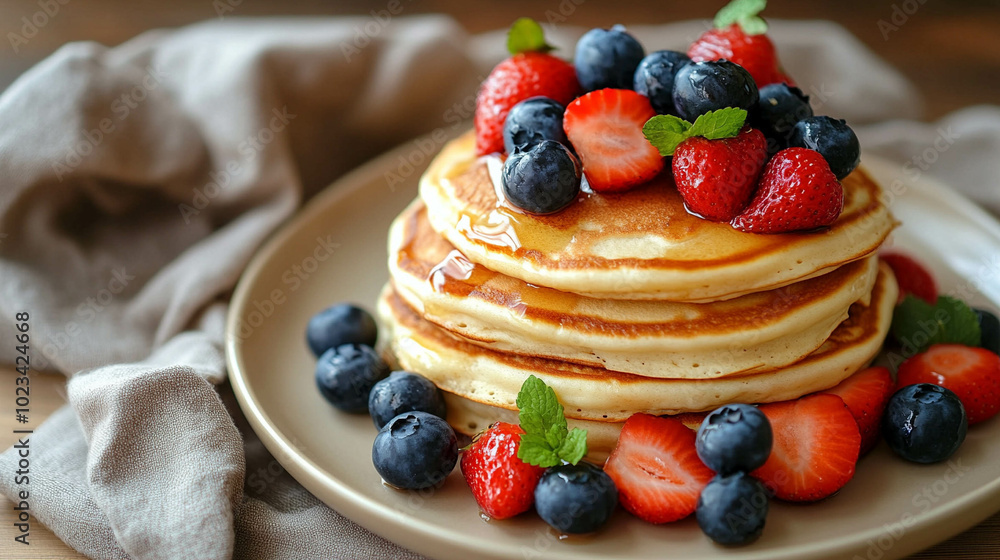 Delicious homemade pancakes on a beige plate close-up Delicious homemade pancakes on a beige plate close-up