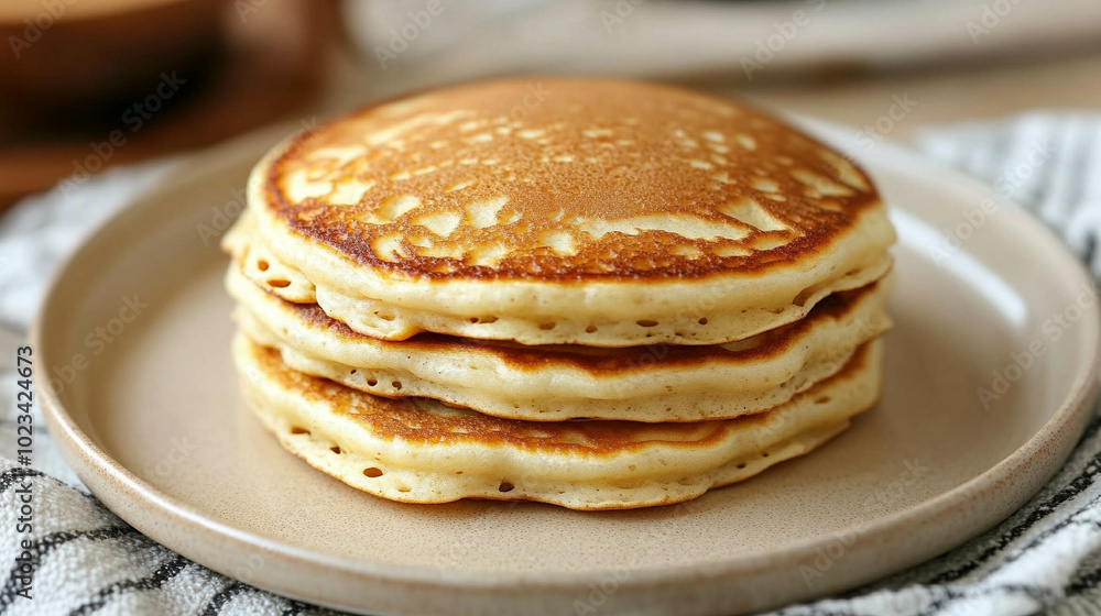 Delicious homemade pancakes on a beige plate close-up Delicious homemade pancakes on a beige plate close-up