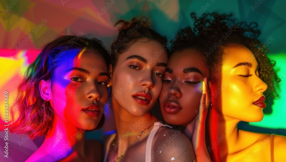 Three women stand together with a rainbow on their faces Three women stand together with a rainbow on their faces