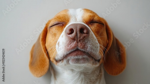 joyful beagle dog exuberantly enjoying its solitude captured playfully against a pristine white background radiating happiness and simplicity perfect for dog lovers and cheerful pet imagery photo