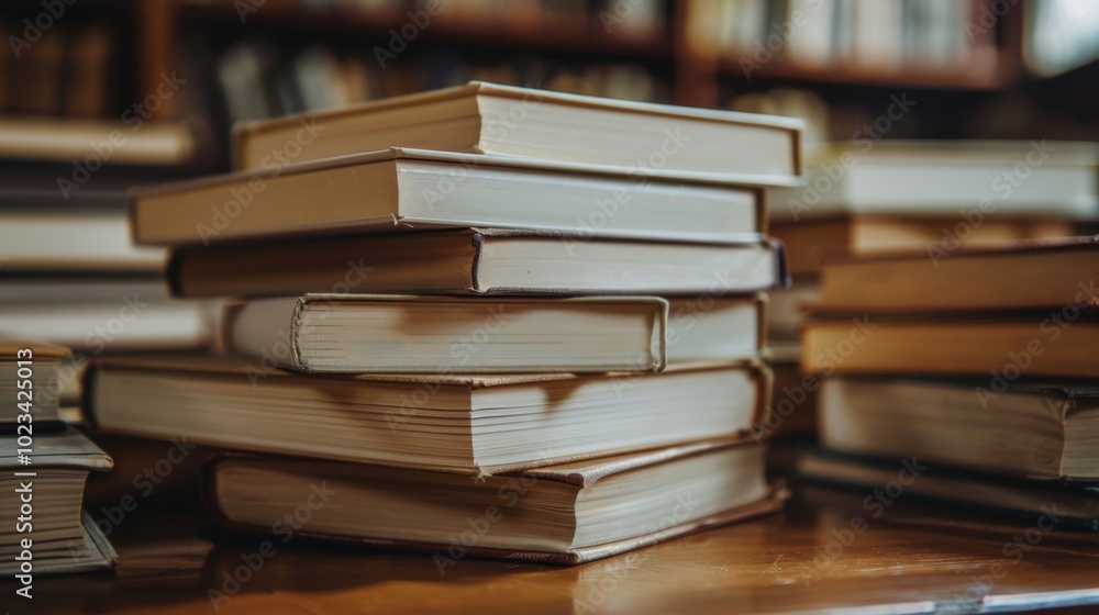 Stack of Books on a Wooden Table in Library Setting Stack of Books on a Wooden Table in Library Setting