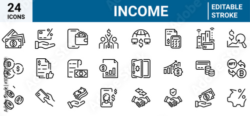 Set of web line icon related to income, salary, money, business. Outline icon collection. Editable stroke. Vector illustration